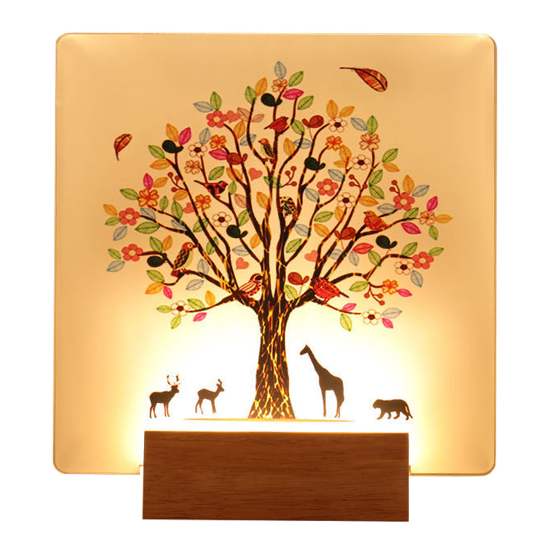Wood Square Tree and Animal Wall Mural Light Chinese Style LED Acrylic Wall Lighting Fixture