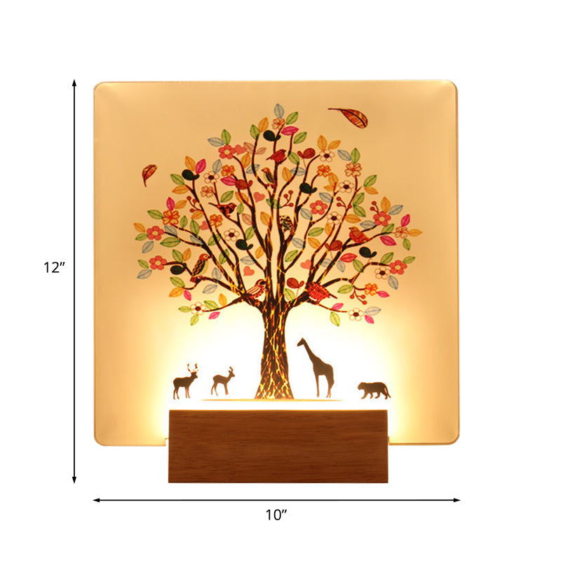 Wood Square Tree and Animal Wall Mural Light Chinese Style LED Acrylic Wall Lighting Fixture