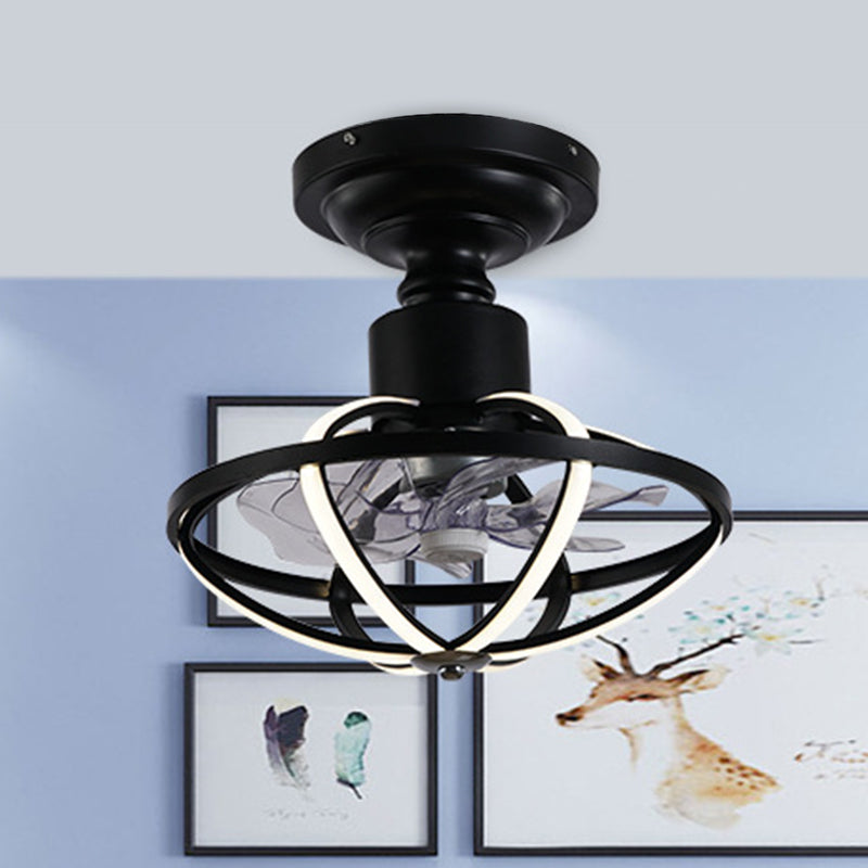 Caged Living Room Ceiling Light with Fan Aluminum 6-Blade Industrial LED Semi Flush Mount in Black, 17" W