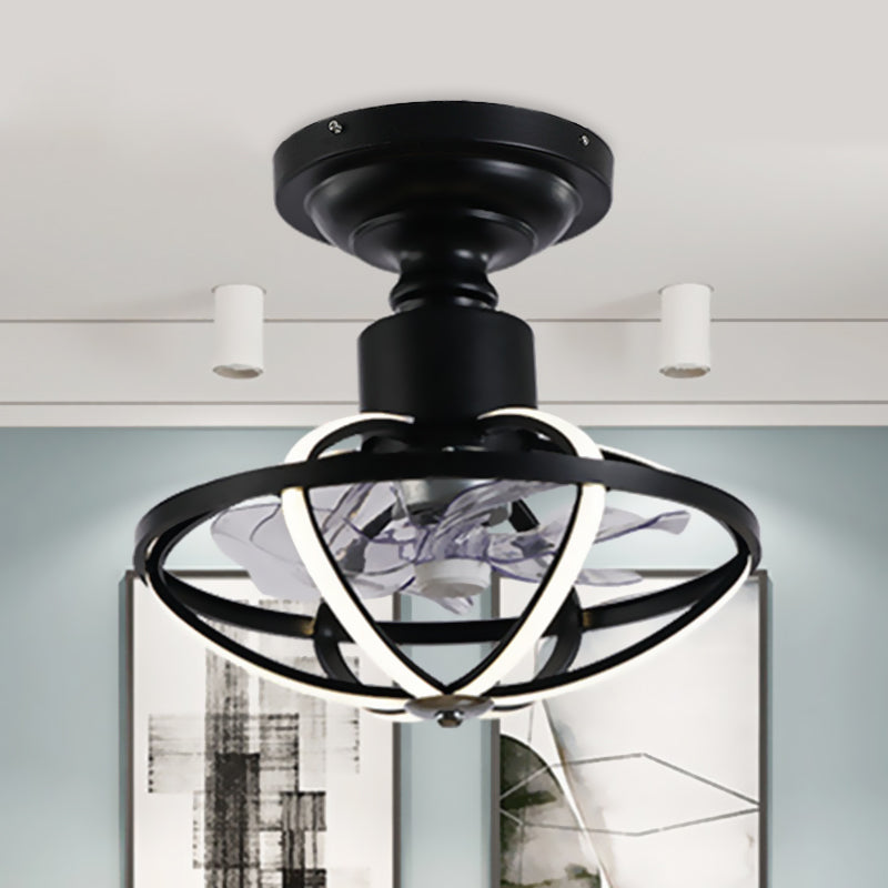 Caged Living Room Ceiling Light with Fan Aluminum 6-Blade Industrial LED Semi Flush Mount in Black, 17" W