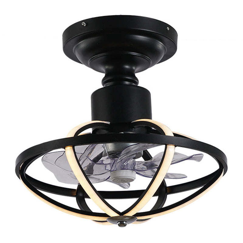 Caged Living Room Ceiling Light with Fan Aluminum 6-Blade Industrial LED Semi Flush Mount in Black, 17" W