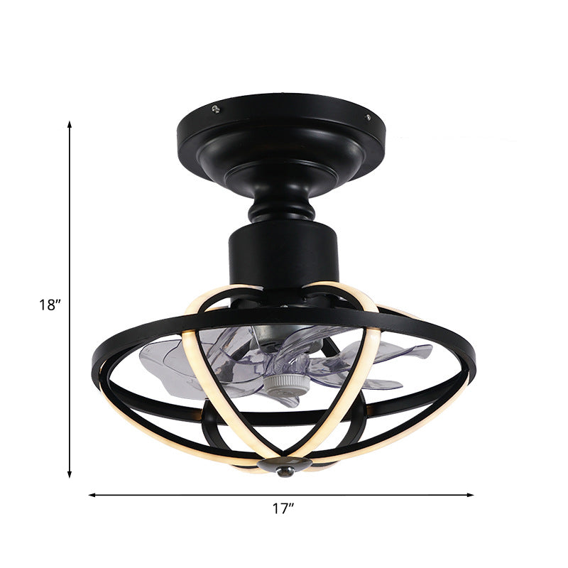 Caged Living Room Ceiling Light with Fan Aluminum 6-Blade Industrial LED Semi Flush Mount in Black, 17" W