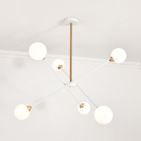 Contemporary White Arm Chandelier Line Metallic Amber//Clear/Silver/Smoke Grey/White Suspension Light with Spherical Shade for Study Room