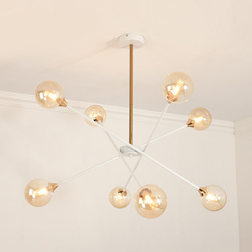Contemporary White Arm Chandelier Line Metallic Amber//Clear/Silver/Smoke Grey/White Suspension Light with Spherical Shade for Study Room