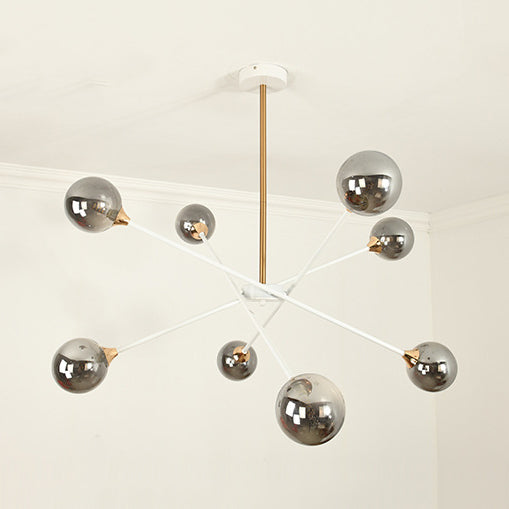 Contemporary White Arm Chandelier Line Metallic Amber//Clear/Silver/Smoke Grey/White Suspension Light with Spherical Shade for Study Room
