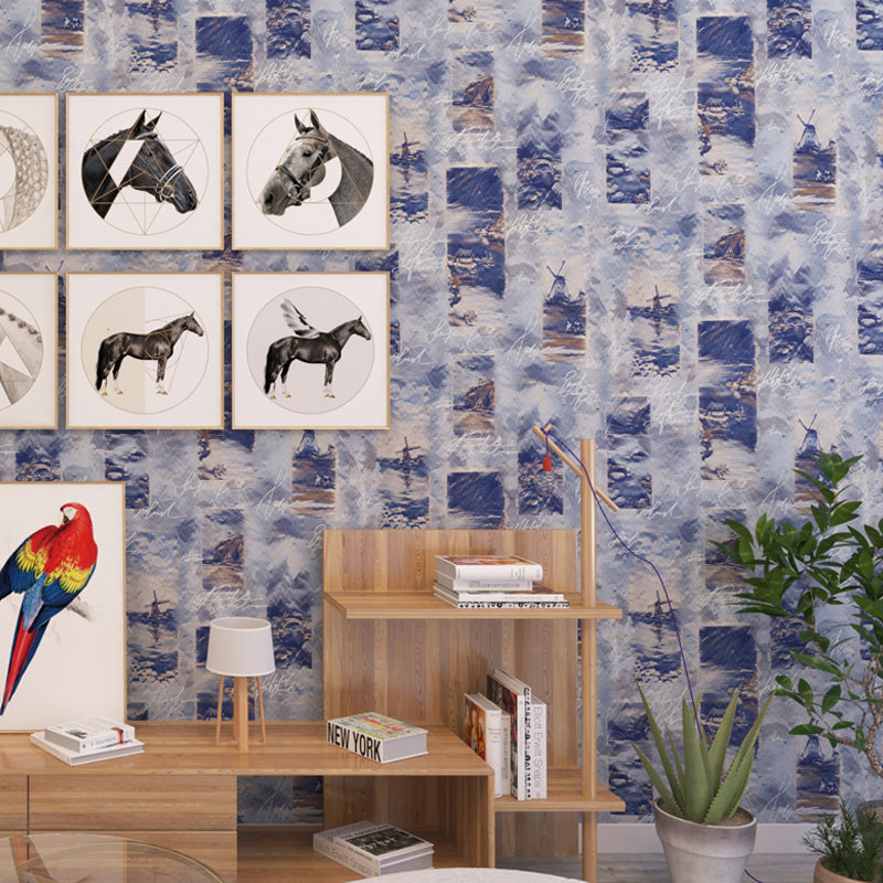 Art Dark Blue Non-Woven Wallpaper Textured Ship and Script Print Unpasted Wall Decor