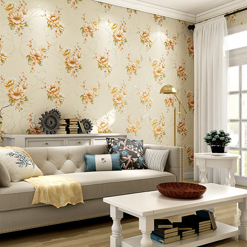 Country Light Color Non-Woven Wall Art Smooth Blooming Peony Unpasted Wallpaper Roll