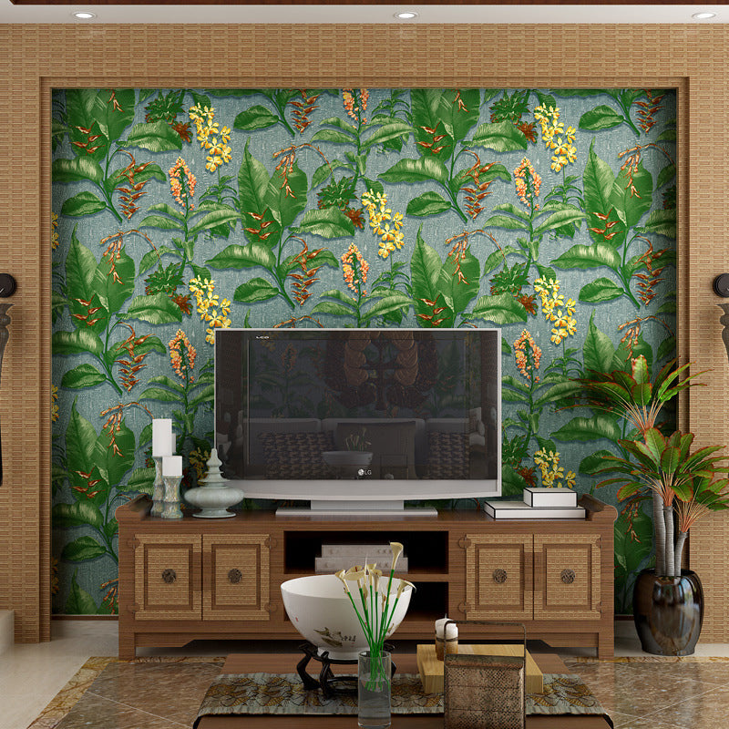 Smooth Non-Woven Wallpaper Rust Unpasted Wall Art with Banana Leaves Pattern for Accent Wall