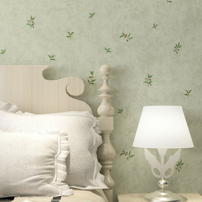 Decorazione da parete verde non incollata, carta da parati con ciliegie e foglie, per camera da letto