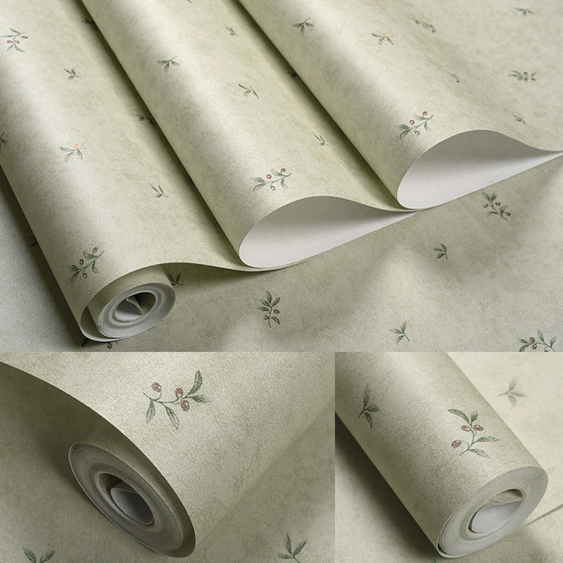 Decorazione da parete verde non incollata, carta da parati con ciliegie e foglie, per camera da letto