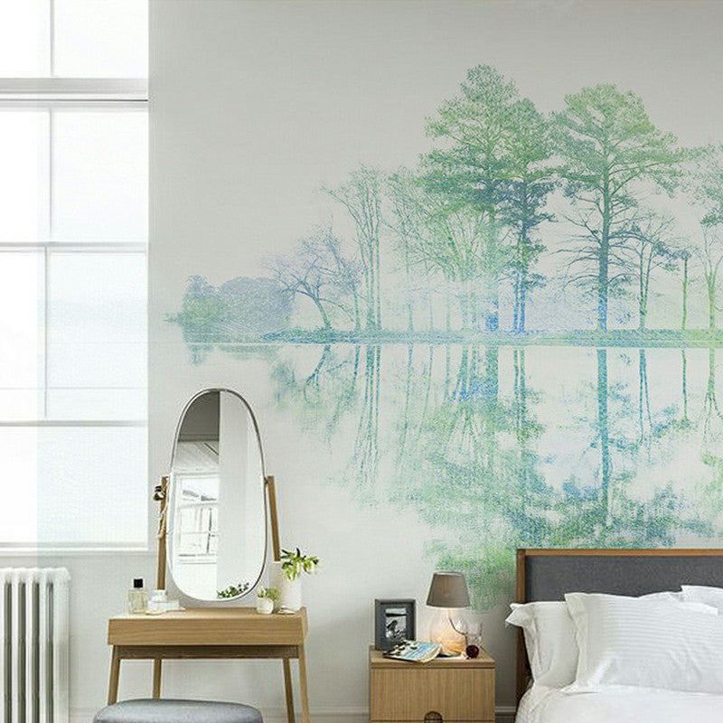 Full Size Birch Tree Wall Mural in Green Non-Woven Wall Art for Home Decor, Made to Measure