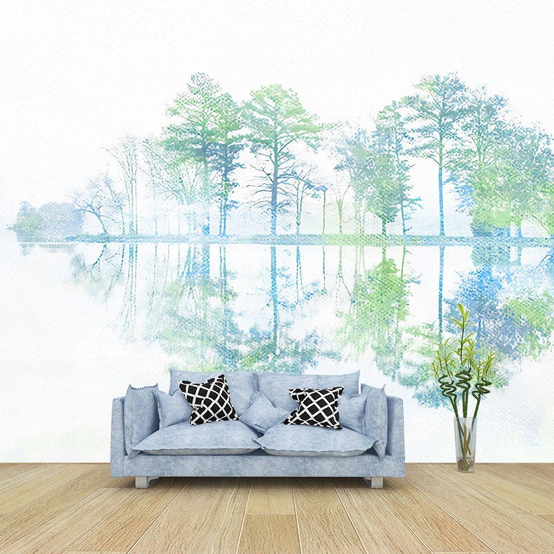Full Size Birch Tree Wall Mural in Green Non-Woven Wall Art for Home Decor, Made to Measure