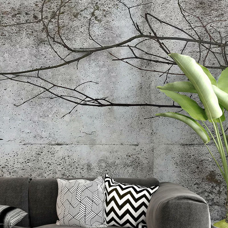 Illustration Dry Twig Wall Mural Wallpaper for Living Room, Grey, Personalised Size