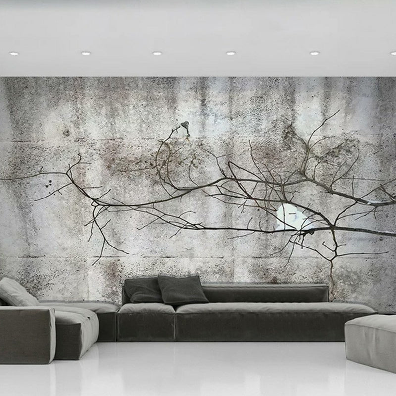 Illustration Dry Twig Wall Mural Wallpaper for Living Room, Grey, Personalised Size