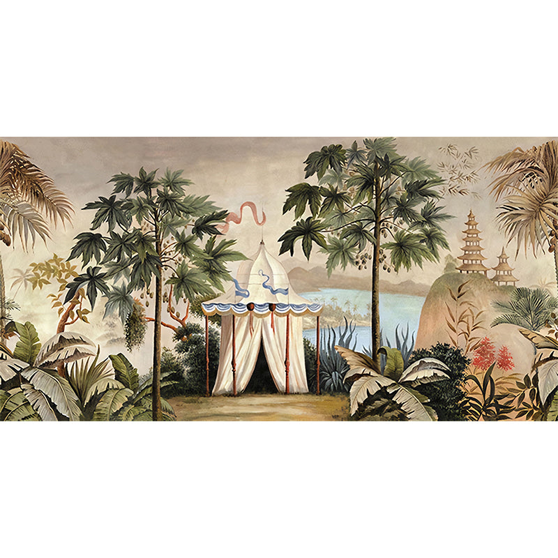 Green and White Jungle Wall Murals Moisture Resistant Wall Covering for Drawing Room