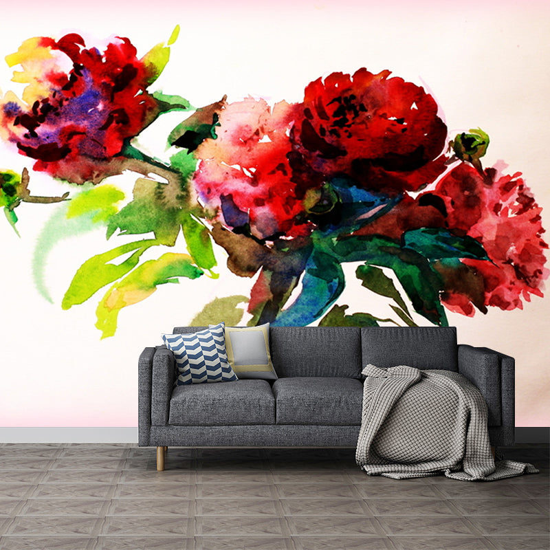 Stylish Peony Blossom Painting Mural Wallpaper Red and Green Stain Resistant Wall Covering for Home