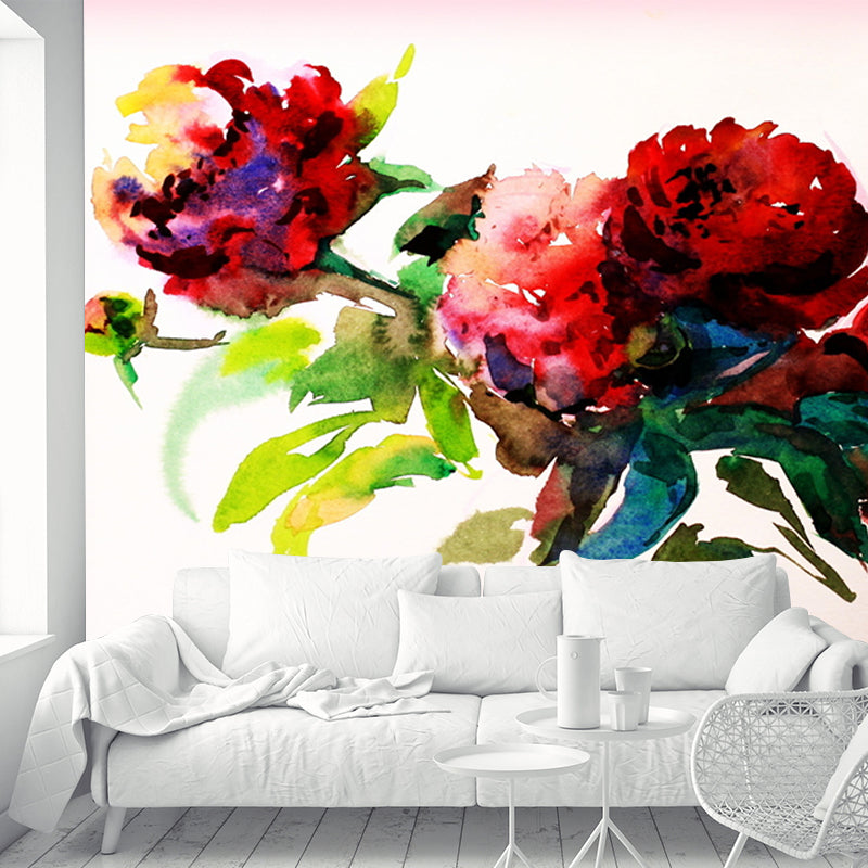 Stylish Peony Blossom Painting Mural Wallpaper Red and Green Stain Resistant Wall Covering for Home
