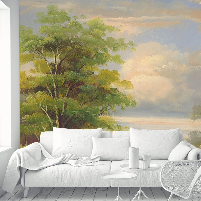 Modern Birch Tree Mural Wallpaper Green-White Living Room Wall Decor, Custom Size