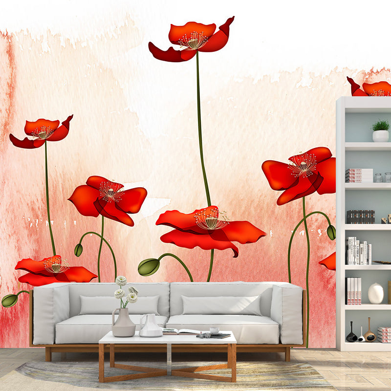 Pink-Red Blossoming Poppy Murals Flower Rustic Moisture Resistant Wall Covering for Bedroom