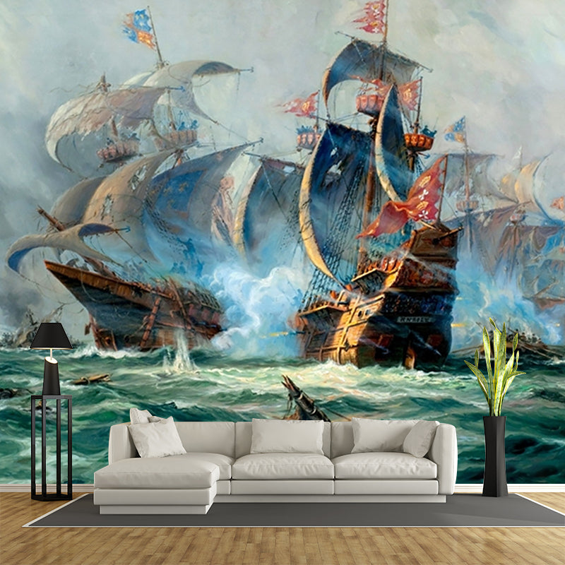Tropix Naval Battle Painting Murals Grey and Green Sea Wall Decor for Living Room