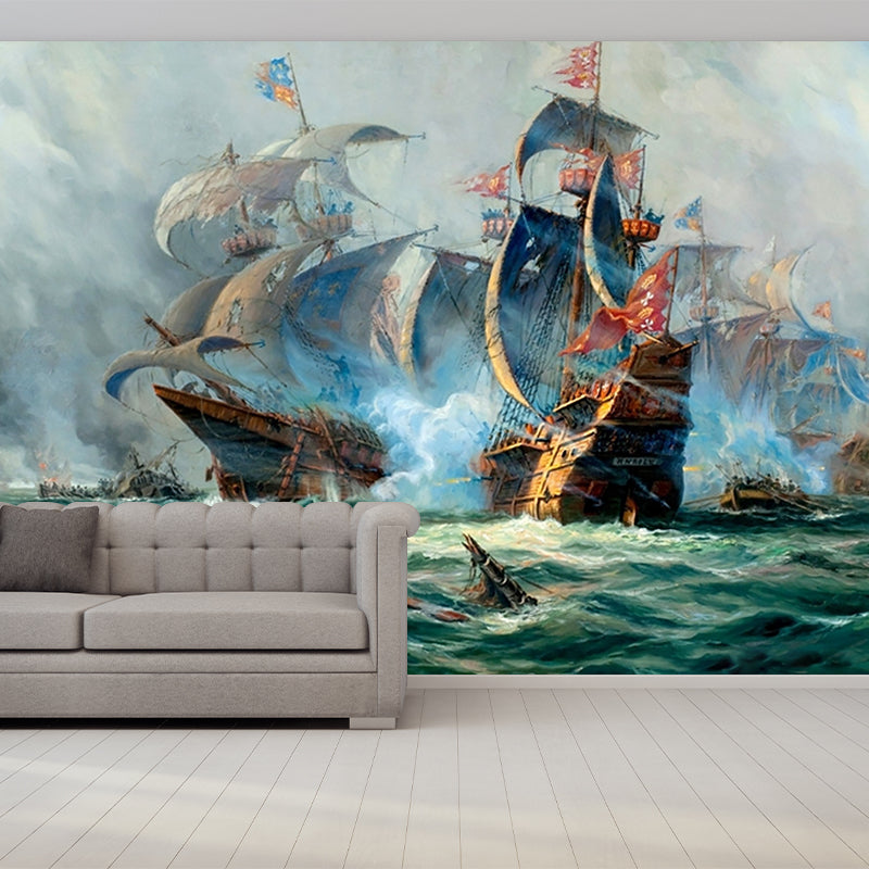 Tropix Naval Battle Painting Murals Grey and Green Sea Wall Decor for Living Room
