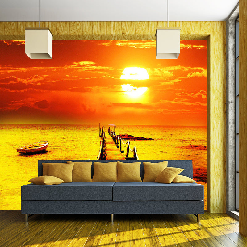 Sunset Bridge to Sea Murals Orange Contemporary Wall Decor for Living Room, Moisture Resistant