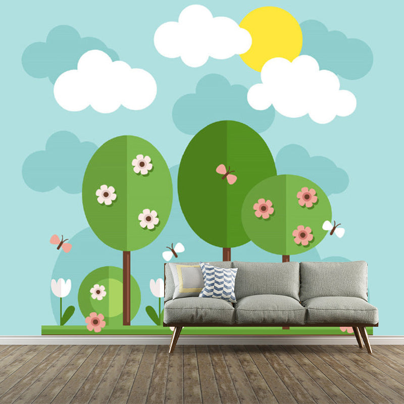 Cartoon Flowering Tree Wallpaper Murals Blue-Yellow-Green Nursery Wall Decor, Custom Size