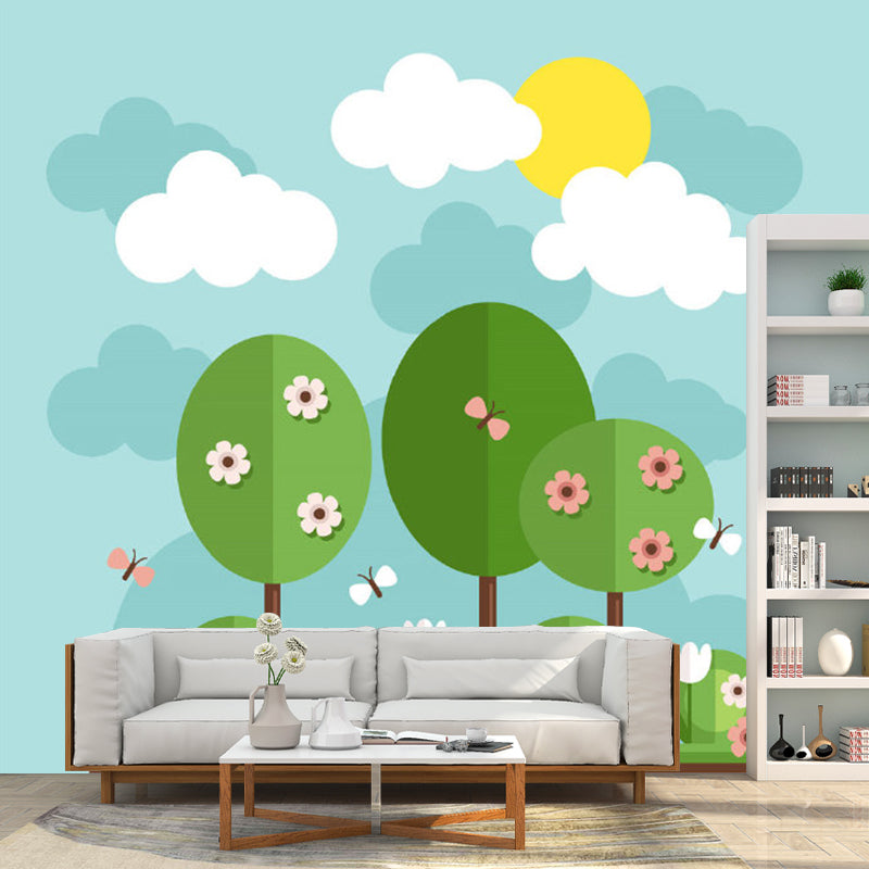 Cartoon Flowering Tree Wallpaper Murals Blue-Yellow-Green Nursery Wall Decor, Custom Size