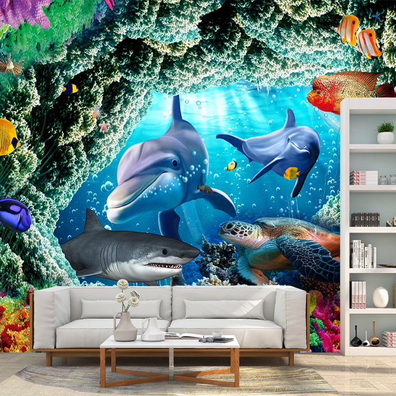 Tropix Undersea World Sharks Murals Blue and Green Waterproof Wall Covering for Boys Room