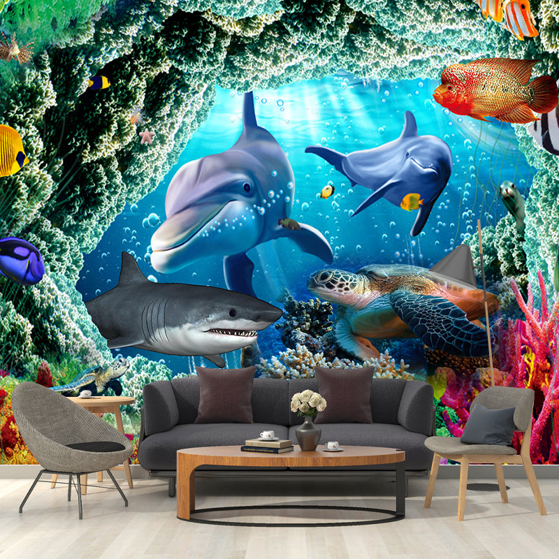 Tropix Undersea World Sharks Murals Blue and Green Waterproof Wall Covering for Boys Room