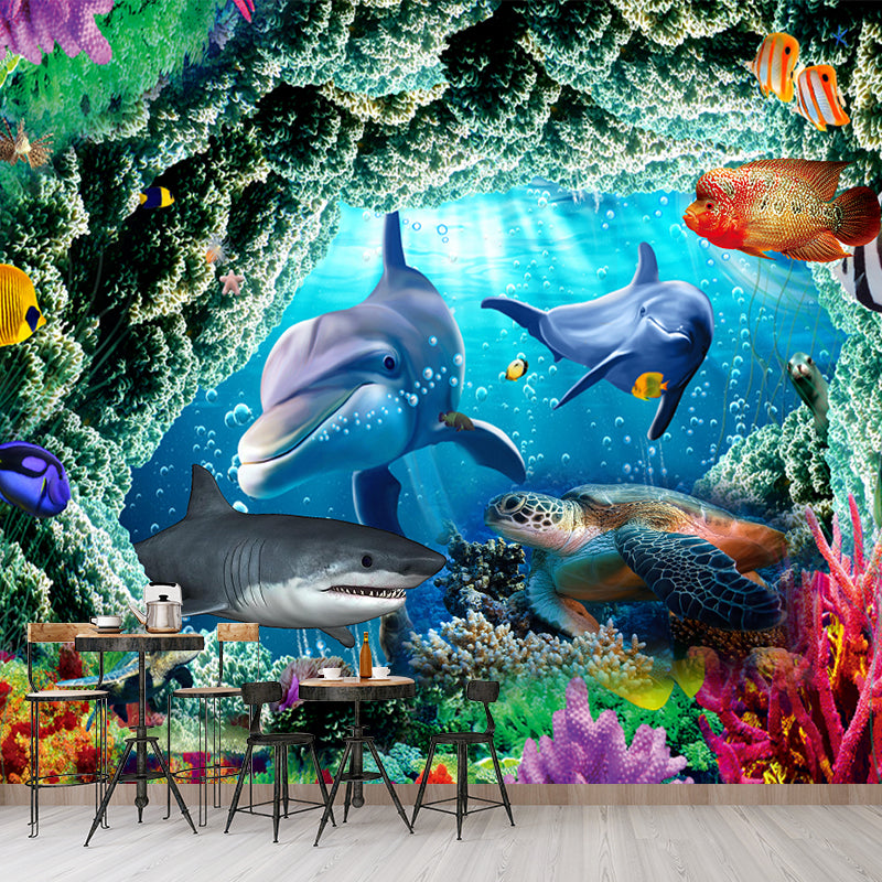 Tropix Undersea World Sharks Murals Blue and Green Waterproof Wall Covering for Boys Room