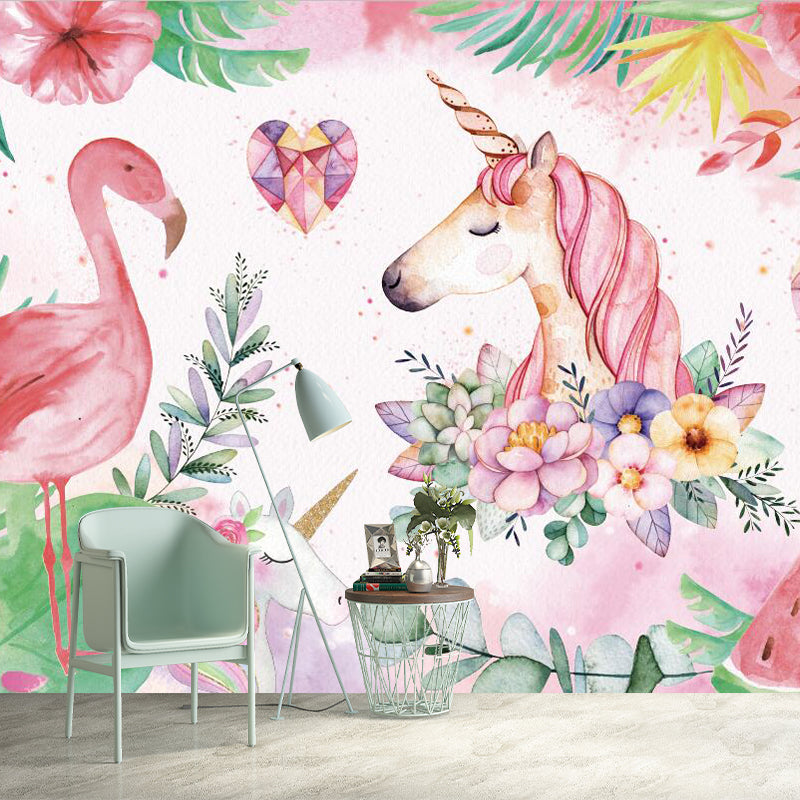 Stylish Unicorn and Flamingo Murals Pink and Green Stain Resistant Wall Art for Bedroom