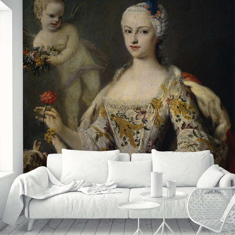 Huge Illustration Antique Mural Wallpaper for Living Room Decor with Elegant Beauty Design in Brown