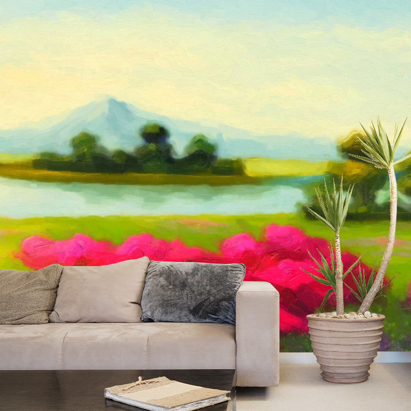 Modern Spring Blossom Wall Mural Pink-Green Living Room Wall Decoration, Made to Measure