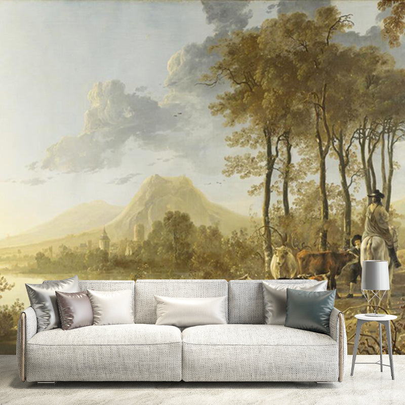 Large Rural Landscape Mural Wallpaper Modern Cow Patterned Wall Decoration in Brown