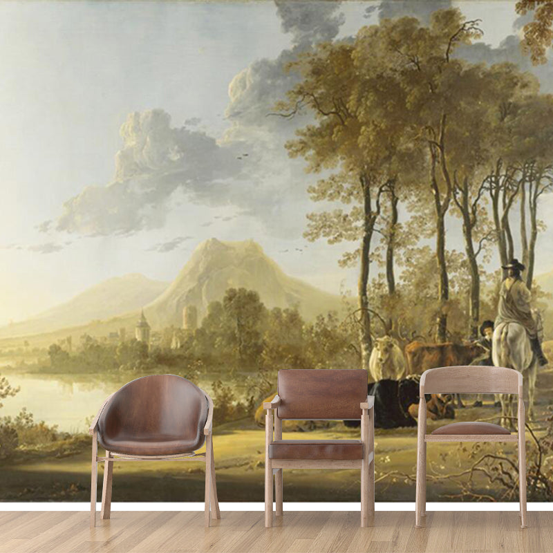 Large Rural Landscape Mural Wallpaper Modern Cow Patterned Wall Decoration in Brown