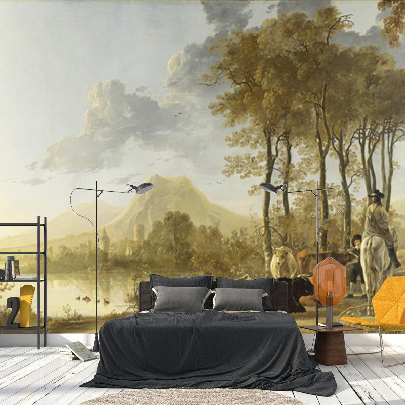 Large Rural Landscape Mural Wallpaper Modern Cow Patterned Wall Decoration in Brown