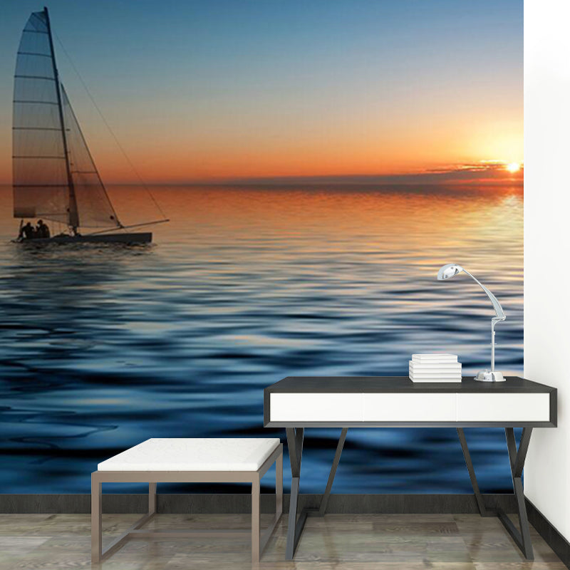 Personalized Photography Tropix Murals with Boat in the Sea at Sunset Pattern in Blue