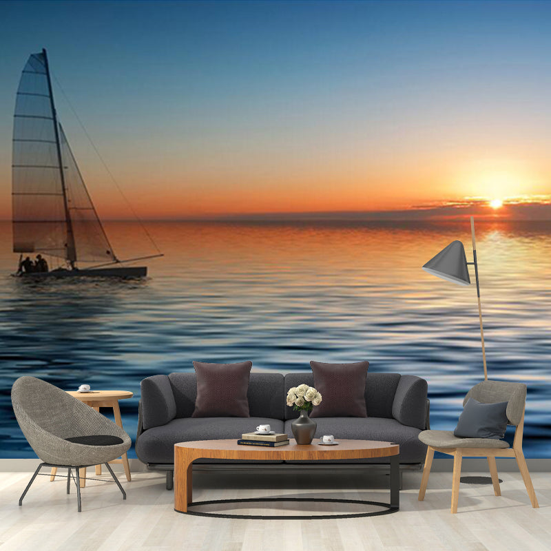 Personalized Photography Tropix Murals with Boat in the Sea at Sunset Pattern in Blue