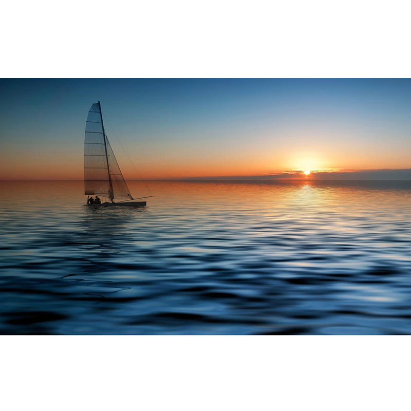 Personalized Photography Tropix Murals with Boat in the Sea at Sunset Pattern in Blue