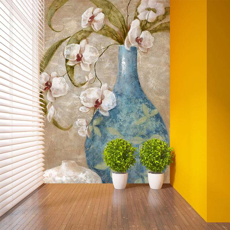 Orchid Flower Vase Wallpaper Mural Contemporary Smooth Texture Wall Decor in Blue-Brown