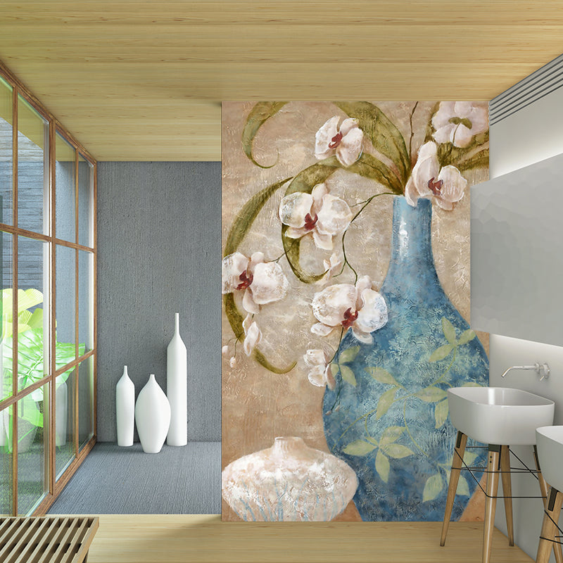 Orchid Flower Vase Wallpaper Mural Contemporary Smooth Texture Wall Decor in Blue-Brown