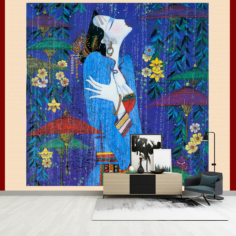 Picasso Style Asian Woman Mural Blue-Green Classical Wall Covering for Living Room