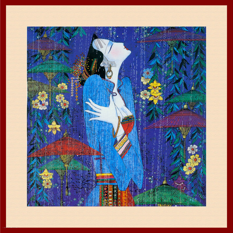 Picasso Style Asian Woman Mural Blue-Green Classical Wall Covering for Living Room