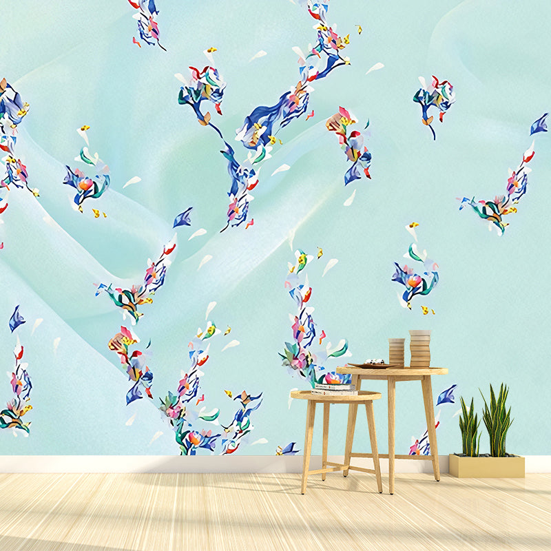 Illustration Floral Print Murals Wallpaper for Bedroom, Blue, Custom Size Available