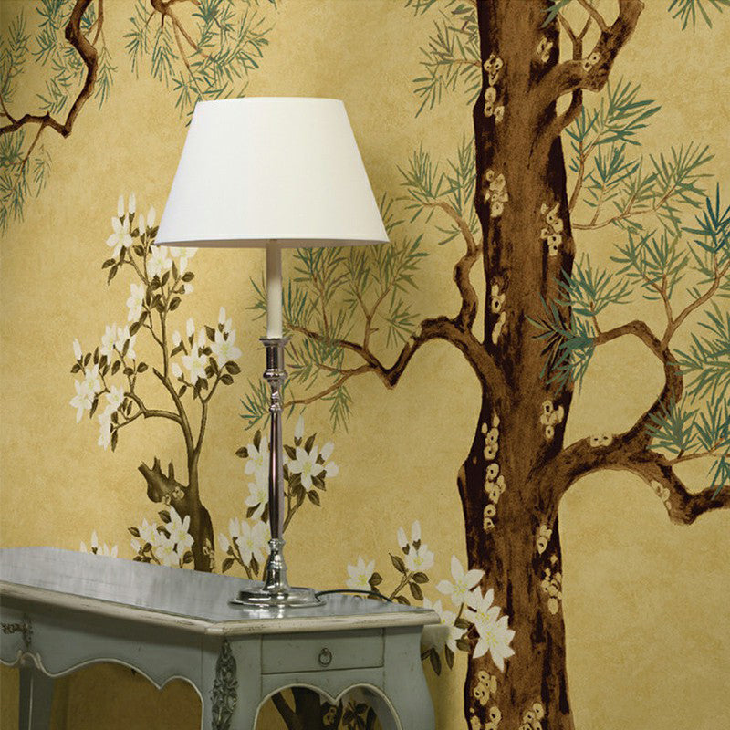Yellow Oriental Wallpaper Murals Large Pine Branch and Flower Print Wall Art for Family Room