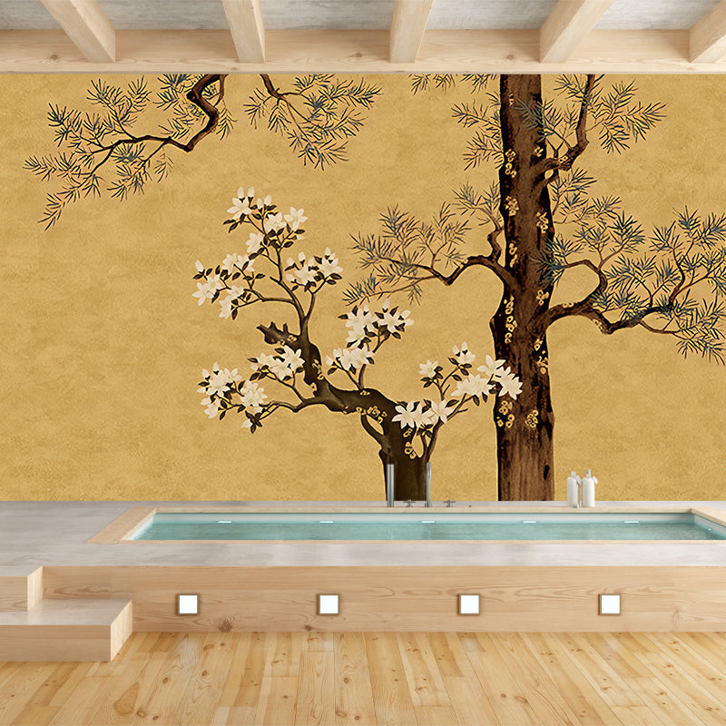 Yellow Oriental Wallpaper Murals Large Pine Branch and Flower Print Wall Art for Family Room
