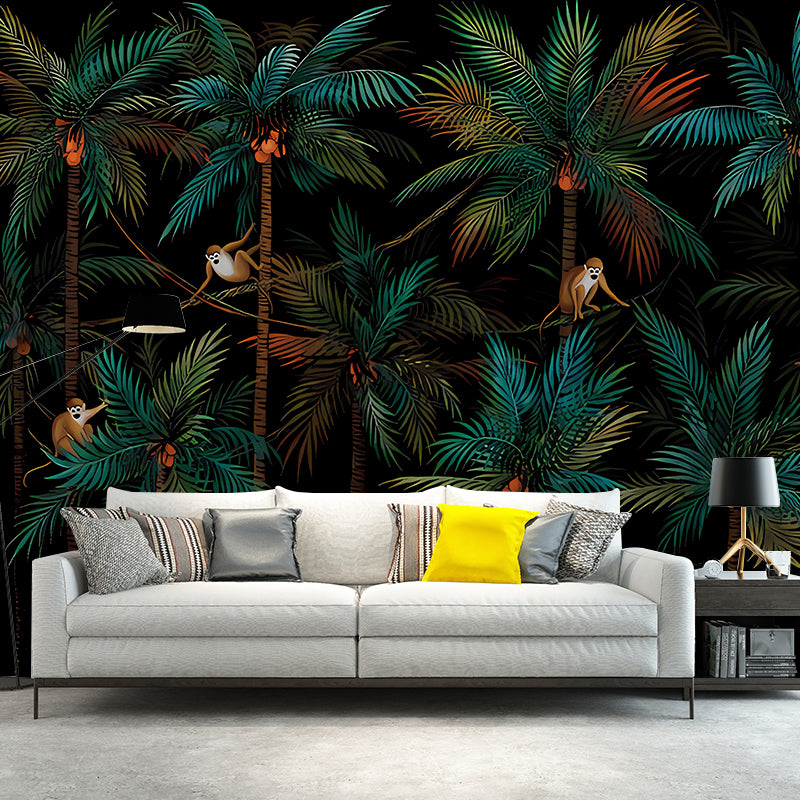 Peintures murales tropicales de jungle de noix de coco, décoration murale de salon de couleur foncée, taille personnalisée