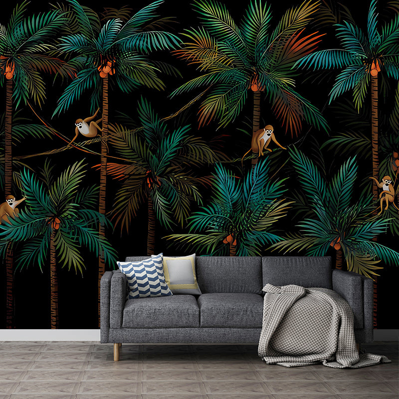 Peintures murales tropicales de jungle de noix de coco, décoration murale de salon de couleur foncée, taille personnalisée