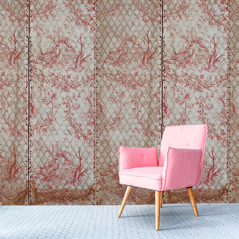 Large Net and Plant Print Murals Pink Non-Woven Fabric Wall Art, Moisture Resistant, Custom Made